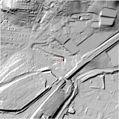 Shaded relief map of the ground around HD21DT, computed from Environment Agency LiDAR. The ground here sits at about 69 m above sea level and falls 52 m across the surrounding 800 m. Surface water reaching this point runs off ground lying to the north, 24.8 m higher.