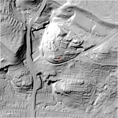 Shaded relief map of the ground around HD21DU, computed from Environment Agency LiDAR. The ground here sits at about 119 m above sea level and falls 70 m across the surrounding 800 m. Surface water reaching this point runs off ground lying to the north, 13.6 m higher.