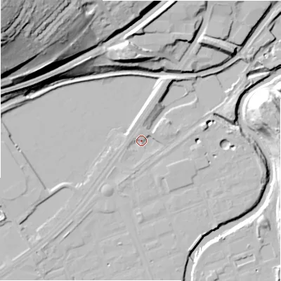 Shaded relief map of the ground around HD21FB, computed from Environment Agency LiDAR. The ground here sits at about 55 m above sea level and falls 60 m across the surrounding 800 m. Surface water reaching this point runs off ground lying to the north-north-east, 5.9 m higher.