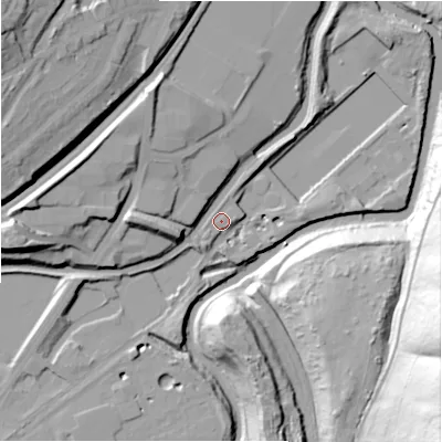 Shaded relief map of the ground around HD21FE, computed from Environment Agency LiDAR. The ground here sits at about 55 m above sea level and falls 65 m across the surrounding 800 m. Surface water reaching this point runs off ground lying to the north-north-east, 1.0 m higher.