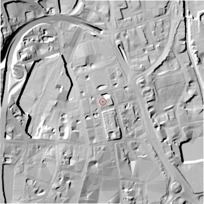 Shaded relief map of the ground around HD21FF, computed from Environment Agency LiDAR. The ground here sits at about 82 m above sea level and falls 43 m across the surrounding 800 m. Surface water reaching this point runs off ground lying to the south-west, 8.8 m higher.