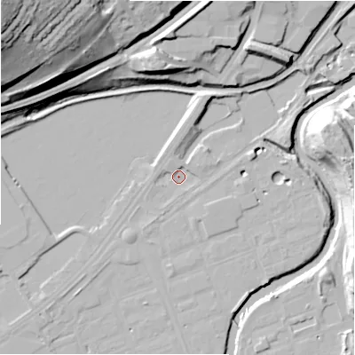Shaded relief map of the ground around HD21FG, computed from Environment Agency LiDAR. The ground here sits at about 54 m above sea level and falls 58 m across the surrounding 800 m. Surface water reaching this point runs off ground lying to the north-north-east, 5.9 m higher.