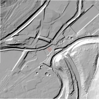 Shaded relief map of the ground around HD21FQ, computed from Environment Agency LiDAR. The ground here sits at about 53 m above sea level and falls 43 m across the surrounding 800 m. Surface water reaching this point runs off ground lying to the north-west, 14.0 m higher.