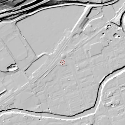 Shaded relief map of the ground around HD21GX, computed from Environment Agency LiDAR. The ground here sits at about 55 m above sea level and falls 38 m across the surrounding 800 m. Surface water reaching this point runs off ground lying to the south, 1.0 m higher.