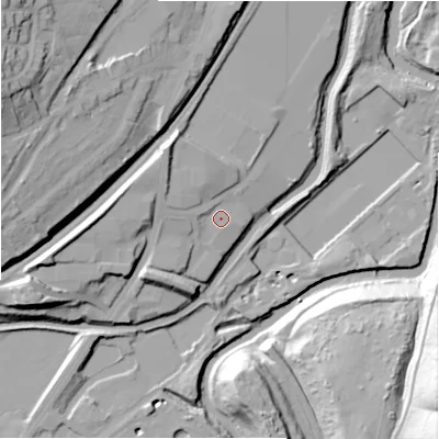 Shaded relief map of the ground around HD21UA, computed from Environment Agency LiDAR. The ground here sits at about 60 m above sea level and falls 48 m across the surrounding 800 m. Surface water reaching this point runs off ground lying to the west, 2.4 m higher.