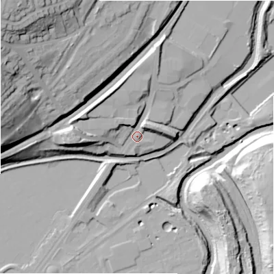Shaded relief map of the ground around HD21UB, computed from Environment Agency LiDAR. The ground here sits at about 61 m above sea level and falls 52 m across the surrounding 800 m. Surface water reaching this point runs off ground lying to the north-north-west, 10.2 m higher.