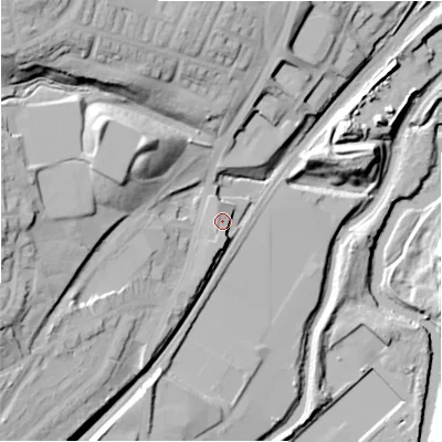 Shaded relief map of the ground around HD21UL, computed from Environment Agency LiDAR. The ground here sits at about 65 m above sea level and falls 49 m across the surrounding 800 m. Surface water reaching this point runs off ground lying to the south-south-west, 5.9 m higher.