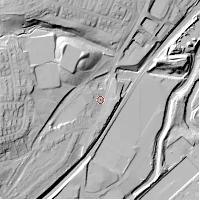 Shaded relief map of the ground around HD21UP, computed from Environment Agency LiDAR. The ground here sits at about 67 m above sea level and falls 47 m across the surrounding 800 m. Surface water reaching this point runs off ground lying to the west-south-west, 28.2 m higher.
