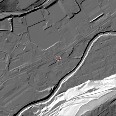 Shaded relief map of the ground around HD21XL, computed from Environment Agency LiDAR. The ground here sits at about 57 m above sea level and falls 67 m across the surrounding 800 m. Surface water reaching this point runs off ground lying to the west, 2.3 m higher.