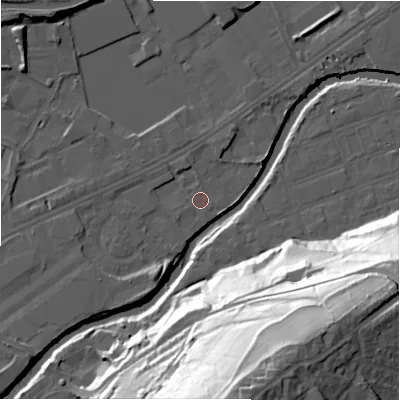 Shaded relief map of the ground around HD21XN, computed from Environment Agency LiDAR. The ground here sits at about 56 m above sea level and falls 72 m across the surrounding 800 m. Surface water reaching this point runs off ground lying to the north-west, 1.5 m higher.