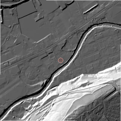 Shaded relief map of the ground around HD21XR, computed from Environment Agency LiDAR. The ground here sits at about 56 m above sea level and falls 71 m across the surrounding 800 m. Surface water reaching this point runs off ground lying to the west-north-west, 1.5 m higher.