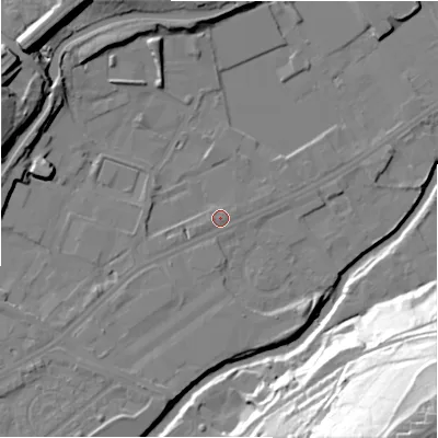 Shaded relief map of the ground around HD21XT, computed from Environment Agency LiDAR. The ground here sits at about 58 m above sea level and falls 70 m across the surrounding 800 m. Surface water reaching this point runs off ground lying to the south-west, 2.4 m higher.
