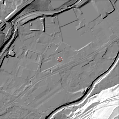 Shaded relief map of the ground around HD21XU, computed from Environment Agency LiDAR. The ground here sits at about 58 m above sea level and falls 67 m across the surrounding 800 m. Surface water reaching this point runs off ground lying to the south-south-west, 1.7 m higher.