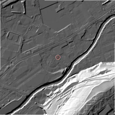 Shaded relief map of the ground around HD21XX, computed from Environment Agency LiDAR. The ground here sits at about 57 m above sea level and falls 73 m across the surrounding 800 m. Surface water reaching this point runs off ground lying to the south-west, 3.6 m higher.