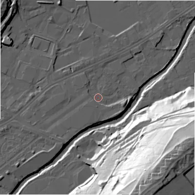 Shaded relief map of the ground around HD21XY, computed from Environment Agency LiDAR. The ground here sits at about 58 m above sea level and falls 74 m across the surrounding 800 m. Surface water reaching this point runs off ground lying to the south-west, 2.7 m higher.