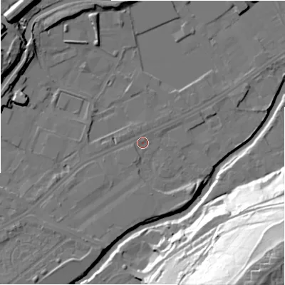 Shaded relief map of the ground around HD21XZ, computed from Environment Agency LiDAR. The ground here sits at about 58 m above sea level and falls 72 m across the surrounding 800 m. Surface water reaching this point runs off ground lying to the west-south-west, 3.0 m higher.