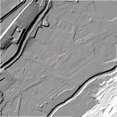 Shaded relief map of the ground around HD21YB, computed from Environment Agency LiDAR. The ground here sits at about 59 m above sea level and falls 65 m across the surrounding 800 m. Surface water reaching this point runs off ground lying to the south-west, 7.0 m higher.