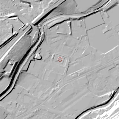 Shaded relief map of the ground around HD21YF, computed from Environment Agency LiDAR. The ground here sits at about 58 m above sea level and falls 31 m across the surrounding 800 m. Surface water reaching this point runs off ground lying to the south-south-east, 1.2 m higher.