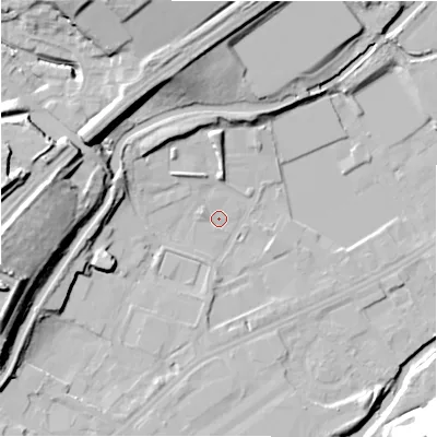 Shaded relief map of the ground around HD21YG, computed from Environment Agency LiDAR. The ground here sits at about 58 m above sea level and falls 30 m across the surrounding 800 m. Surface water reaching this point runs off ground lying to the west-north-west, 1.7 m higher.