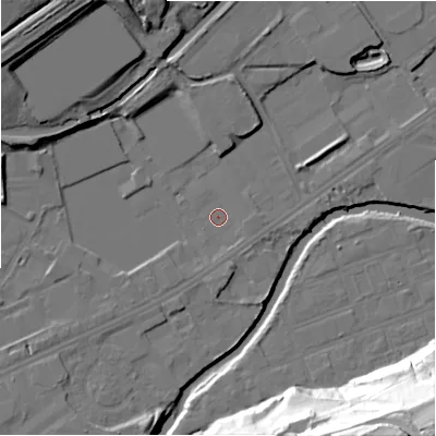 Shaded relief map of the ground around HD21YJ, computed from Environment Agency LiDAR. The ground here sits at about 56 m above sea level and falls 53 m across the surrounding 800 m. Surface water reaching this point runs off ground lying to the south-west, 3.1 m higher.