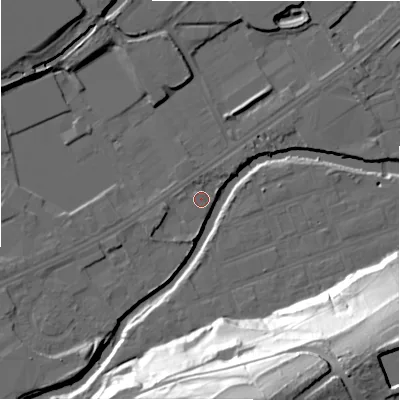 Shaded relief map of the ground around HD21YL, computed from Environment Agency LiDAR. The ground here sits at about 56 m above sea level and falls 63 m across the surrounding 800 m. Surface water reaching this point runs off ground lying to the west, 1.6 m higher.