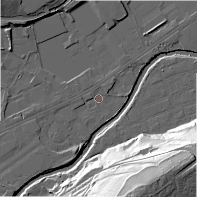 Shaded relief map of the ground around HD21YN, computed from Environment Agency LiDAR. The ground here sits at about 56 m above sea level and falls 68 m across the surrounding 800 m. Surface water reaching this point runs off ground lying to the north-west, 0.9 m higher.