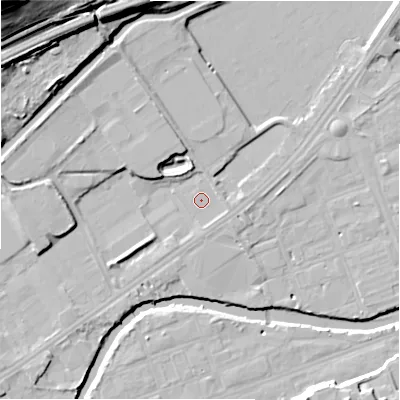 Shaded relief map of the ground around HD21YP, computed from Environment Agency LiDAR. The ground here sits at about 55 m above sea level and falls 42 m across the surrounding 800 m. Surface water reaching this point runs off ground lying to the south-west, 3.0 m higher.