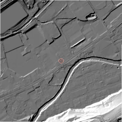 Shaded relief map of the ground around HD21YQ, computed from Environment Agency LiDAR. The ground here sits at about 57 m above sea level and falls 54 m across the surrounding 800 m. Surface water reaching this point runs off ground lying to the west-south-west, 0.6 m higher.