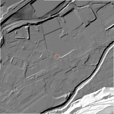 Shaded relief map of the ground around HD21YR, computed from Environment Agency LiDAR. The ground here sits at about 57 m above sea level and falls 64 m across the surrounding 800 m. Surface water reaching this point runs off ground lying to the west-south-west, 3.4 m higher.