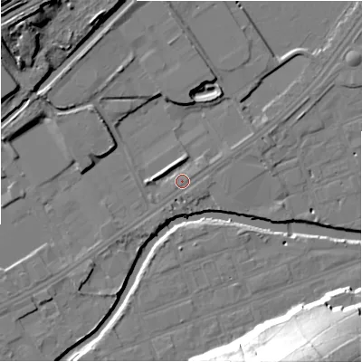 Shaded relief map of the ground around HD21YS, computed from Environment Agency LiDAR. The ground here sits at about 56 m above sea level and falls 40 m across the surrounding 800 m. Surface water reaching this point runs off ground lying to the west, 2.5 m higher.