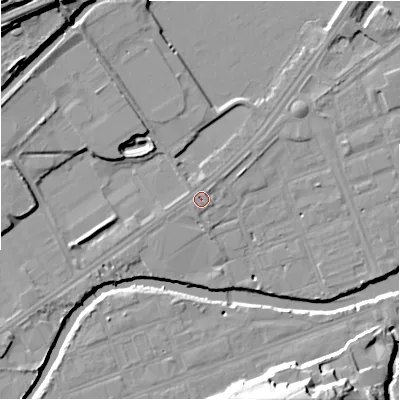 Shaded relief map of the ground around HD21YU, computed from Environment Agency LiDAR. The ground here sits at about 55 m above sea level and falls 23 m across the surrounding 800 m. The ground contributing surface water to this point lies to the west-south-west.