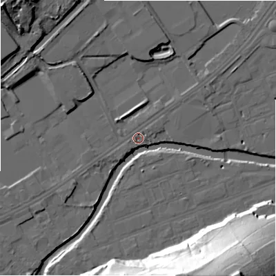 Shaded relief map of the ground around HD21YW, computed from Environment Agency LiDAR. The ground here sits at about 56 m above sea level and falls 51 m across the surrounding 800 m. Surface water reaching this point runs off ground lying to the west-south-west, 0.9 m higher.