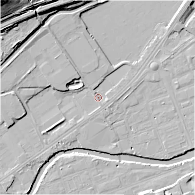 Shaded relief map of the ground around HD21YX, computed from Environment Agency LiDAR. The ground here sits at about 55 m above sea level and falls 38 m across the surrounding 800 m. Surface water reaching this point runs off ground lying to the west-south-west, 3.0 m higher.