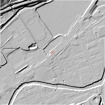 Shaded relief map of the ground around HD21YY, computed from Environment Agency LiDAR. The ground here sits at about 55 m above sea level and falls 30 m across the surrounding 800 m. Surface water reaching this point runs off ground lying to the south-west, 1.4 m higher.