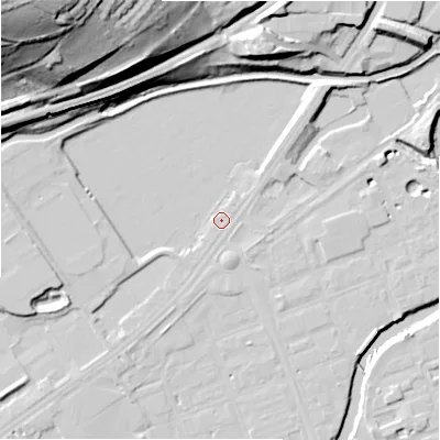 Shaded relief map of the ground around HD21YZ, computed from Environment Agency LiDAR. The ground here sits at about 54 m above sea level and falls 65 m across the surrounding 800 m. Surface water reaching this point runs off ground lying to the west-south-west, 3.1 m higher.
