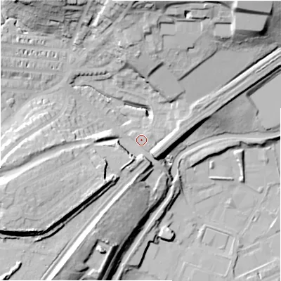 Shaded relief map of the ground around HD21ZJ, computed from Environment Agency LiDAR. The ground here sits at about 70 m above sea level and falls 38 m across the surrounding 800 m. Surface water reaching this point runs off ground lying to the north-north-west, 30.8 m higher.