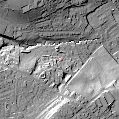 Shaded relief map of the ground around HD22AE, computed from Environment Agency LiDAR. The ground here sits at about 114 m above sea level and falls 59 m across the surrounding 800 m. Surface water reaching this point runs off ground lying to the south-west, 20.9 m higher.