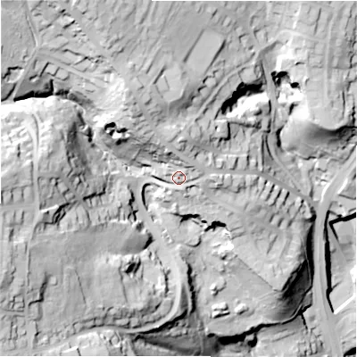 Shaded relief map of the ground around HD22LS, computed from Environment Agency LiDAR. The ground here sits at about 144 m above sea level and falls 91 m across the surrounding 800 m. Surface water reaching this point runs off ground lying to the north-north-east, 10.3 m higher.