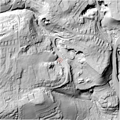 Shaded relief map of the ground around HD22LX, computed from Environment Agency LiDAR. The ground here sits at about 133 m above sea level and falls 99 m across the surrounding 800 m. Surface water reaching this point runs off ground lying to the west, 48.4 m higher.