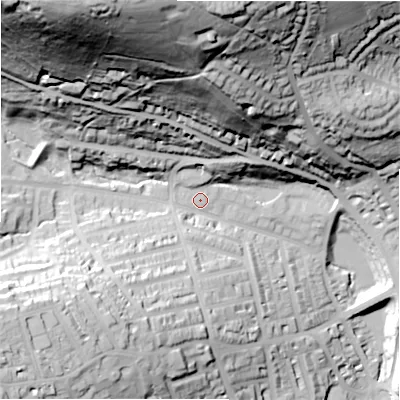 Shaded relief map of the ground around HD22PT, computed from Environment Agency LiDAR. The ground here sits at about 99 m above sea level and falls 113 m across the surrounding 800 m. Surface water reaching this point runs off ground lying to the north-north-west, 97.4 m higher.