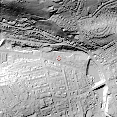 Shaded relief map of the ground around HD22PU, computed from Environment Agency LiDAR. The ground here sits at about 97 m above sea level and falls 111 m across the surrounding 800 m. Surface water reaching this point runs off ground lying to the north-west, 95.9 m higher.