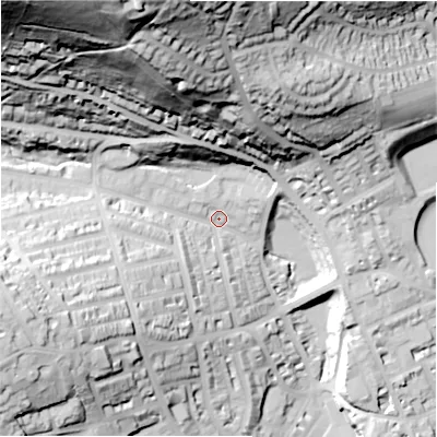 Shaded relief map of the ground around HD22PX, computed from Environment Agency LiDAR. The ground here sits at about 94 m above sea level and falls 98 m across the surrounding 800 m. Surface water reaching this point runs off ground lying to the north-west, 85.5 m higher.