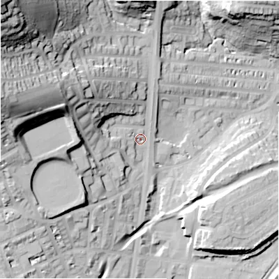 Shaded relief map of the ground around HD22QF, computed from Environment Agency LiDAR. The ground here sits at about 83 m above sea level and falls 73 m across the surrounding 800 m. Surface water reaching this point runs off ground lying to the north-west, 63.3 m higher.