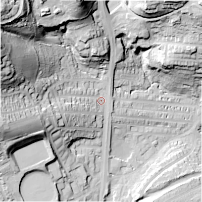 Shaded relief map of the ground around HD22QN, computed from Environment Agency LiDAR. The ground here sits at about 88 m above sea level and falls 81 m across the surrounding 800 m. Surface water reaching this point runs off ground lying to the west-north-west, 58.9 m higher.