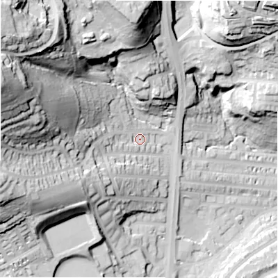 Shaded relief map of the ground around HD22QR, computed from Environment Agency LiDAR. The ground here sits at about 92 m above sea level and falls 87 m across the surrounding 800 m. Surface water reaching this point runs off ground lying to the west-north-west, 69.2 m higher.