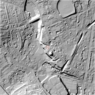 Shaded relief map of the ground around HD22RR, computed from Environment Agency LiDAR. The ground here sits at about 91 m above sea level and falls 39 m across the surrounding 800 m. Surface water reaching this point runs off ground lying to the north-north-west, 3.5 m higher.