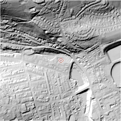 Shaded relief map of the ground around HD22SZ, computed from Environment Agency LiDAR. The ground here sits at about 95 m above sea level and falls 112 m across the surrounding 800 m. Surface water reaching this point runs off ground lying to the north-north-west, 86.9 m higher.