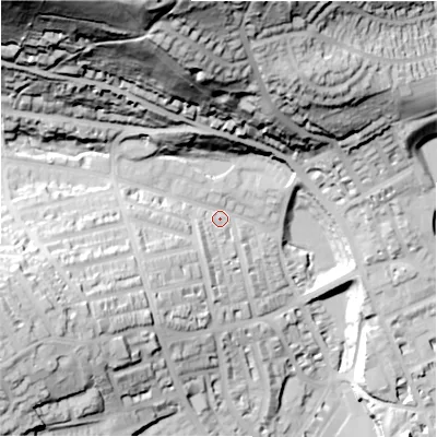 Shaded relief map of the ground around HD22UA, computed from Environment Agency LiDAR. The ground here sits at about 95 m above sea level and falls 92 m across the surrounding 800 m. Surface water reaching this point runs off ground lying to the north-north-west, 79.5 m higher.