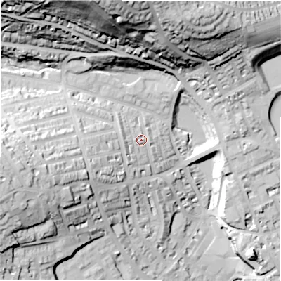 Shaded relief map of the ground around HD22UB, computed from Environment Agency LiDAR. The ground here sits at about 97 m above sea level and falls 77 m across the surrounding 800 m. Surface water reaching this point runs off ground lying to the west, 5.7 m higher.