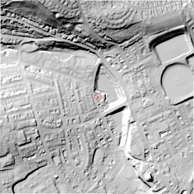 Shaded relief map of the ground around HD22UD, computed from Environment Agency LiDAR. The ground here sits at about 89 m above sea level and falls 76 m across the surrounding 800 m. Surface water reaching this point runs off ground lying to the west-north-west, 7.1 m higher.